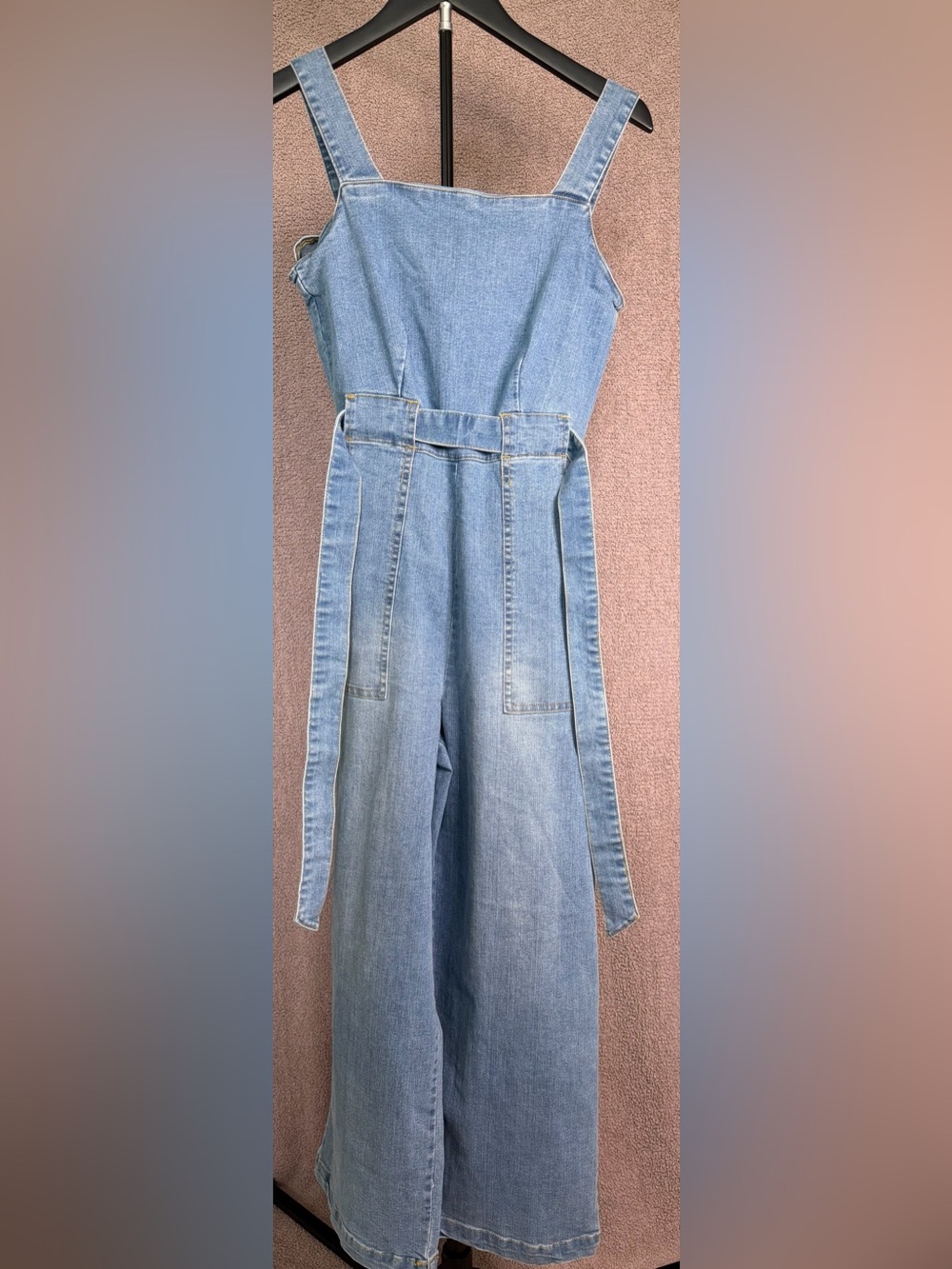Copper Key XS Denim Jumpsuit Wide Leg Belted Square Neck Sleeveless